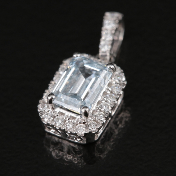 14K White Gold LAB CREATED Emerald Cut Blue Diamond Pendant - Picture 4 of 12